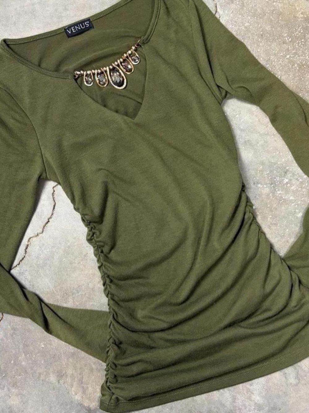 VENUS Olive Ruched Long Sleeve V-Neck Top with Jewel Trim